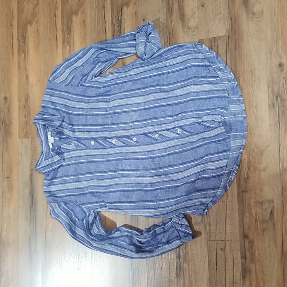 COOPER & EMMA Blue White Striped Linen Rayon Roll Tab Shirt Blouse with Pocket - Picture 3 of 12